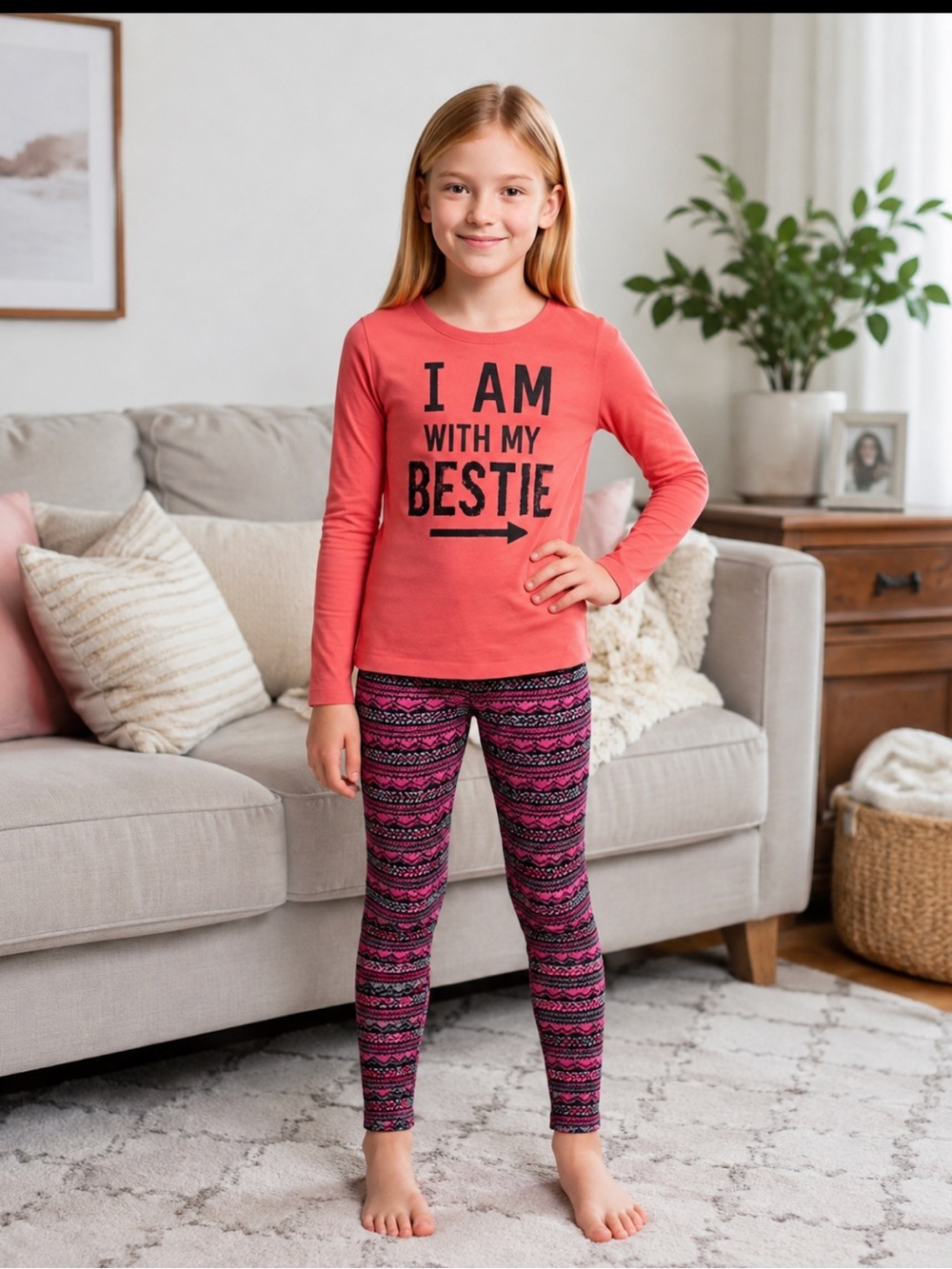 The Children's Place Coral Graphic Top with Pink & Black Patterned Leggings